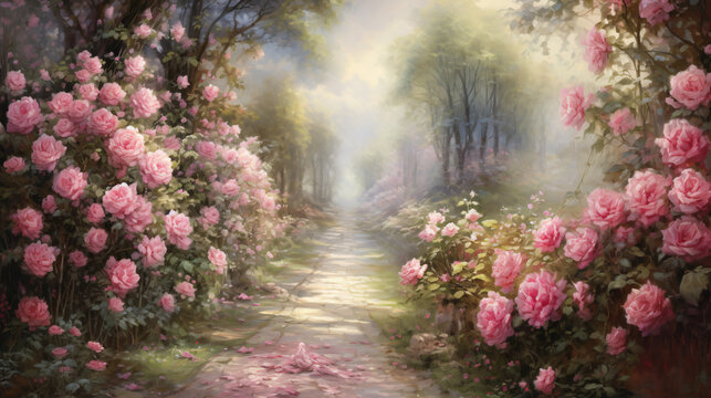 A painting of pink roses in a garden with a path.