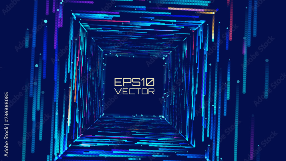 Poster Square Frame Border Blue Lights DJ Party Flyer Background. Data Flow Particles Moving with Trails. Computer Digital Tunnel Technology Vector Illustration.