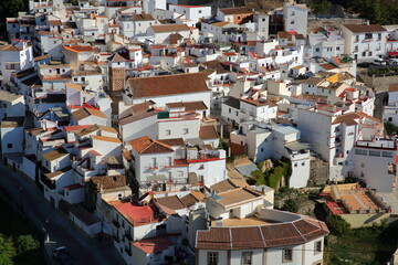 Aerial view of the village of Archez, Axarquia, Malaga province, Andalusia, Spain, with whitewashed houses and its minaret which shows the Arabic heritage of the village