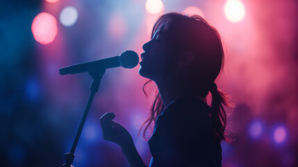 Woman Singing Into a Microphone at a Concert