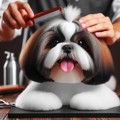 Professional grooming of a beautiful pedigree Shih Tzu dog.  AI generated
