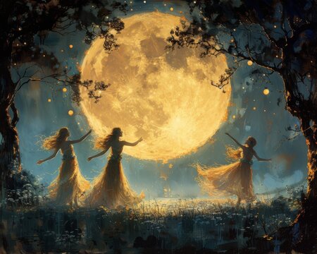 Enchanted forest clearing fairies dancing full moon casting shadows
