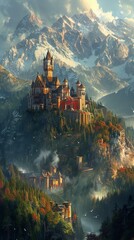 Highland fantasy ancient castles dragons flying misty mountains - obrazy, fototapety, plakaty