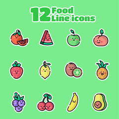 collection of 12 cute vector food icons. stickers in linear style