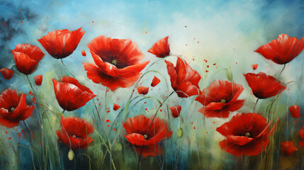 A painting of red poppies in a field of grass.