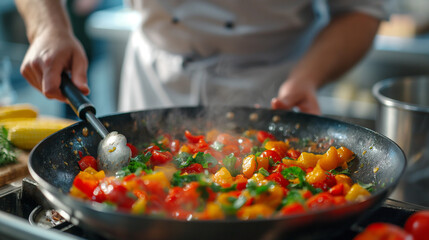Chef Cooking Vegetables in a Wok on a Stove