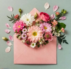 A pink envelope with a lot of fresh flowers  against the pastel blue background. Flat lay. Copy space. Minimal concept of love. Valentine’s pattern. 