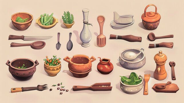 Set of different cooking utensils and dishes