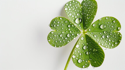 Lucky Four-Leaf Clover with Water Droplets on White Background, Symbol of Good Luck, Nature's Freshness Represented, Green Lucky Leaf, Pure Serenity and Good Fortune Concept, Sparkling Droplets on Lea - obrazy, fototapety, plakaty