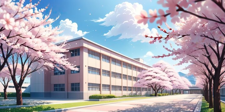 Illustration of a modern school building landscape with cherry blossoms in full bloom. Anime art style