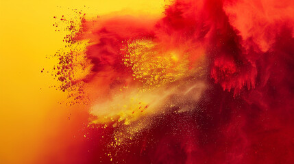 An explosive burst of vibrant red and yellow powders captured in mid-air, creating an intense and dynamic abstract composition