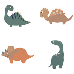 Adorable Dinosaurs Illustration, On White Background. Flat Cartoon Design. Isolated Vector