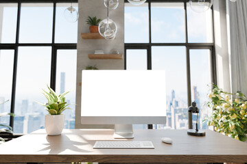 frontal view on modern clean pc workplace; white monitor with copy space; minimalist office background with panoramic view on idyllic garden; digital home office concept; 3D rendering