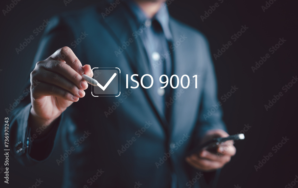 Poster iso 9001 standard certification standardization quality control concept. person use laptop and choos