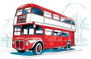 Beautiful watercolor illustration of red London buses in London, UK. Red double decker bus on a white background