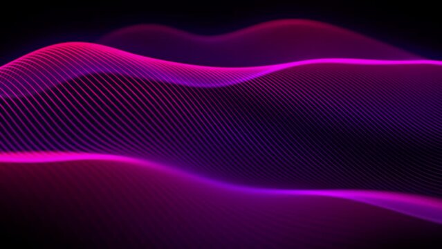 Bright 3D sound waves consisting of curved lines flowing digital water surface. Abstract concept of digital sound, data transfer and neural network. Tidal waves of digital information, seamless loop