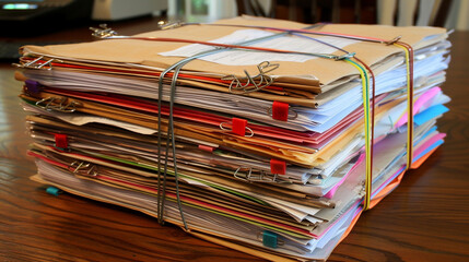 Fototapeta premium Close-up of a large stack of paperwork with binder clips on a wood desk