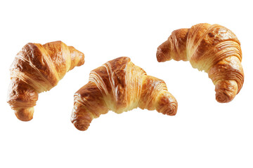 Croissants that fresh and delicious falling in the air isolated on background, Breakfast time, popular plain croissant breads.