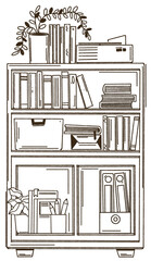 Bookshelf outline illustration, Books on the bookshelf, Hand drawn.