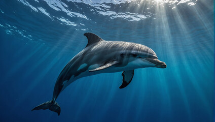 A majestic dolphin swims in the dark blue waters of the ocean. generative AI