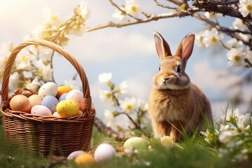 Fototapeta na wymiar Festive easter bunny with egg baskets on lush spring grassland