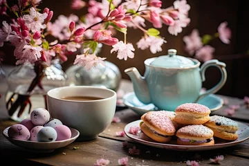 Foto op Canvas Traditional easter bread and hot beverage in festive breakfast setting © Irina