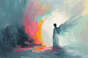 Abstract representation of angel moving the stone from Jesus' tomb, radiant colors symbolizing resurrection.