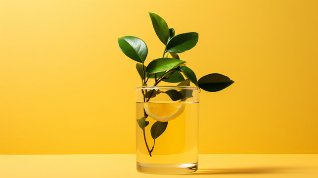 A Plant In A Glass Of Water On A Yellow Background.