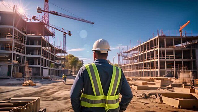Architect or Civil Engineer Standing Outside with His Back to Camera in a Construction Site.generative ai