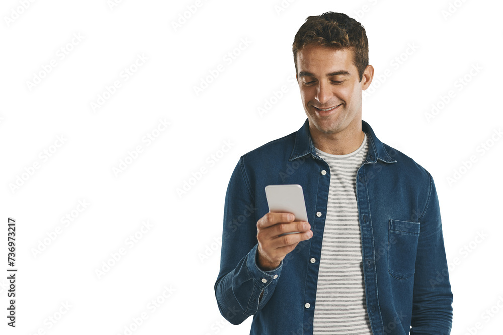 Aufkleber social media, smile and man on phone in isolated background, png and transparent with technology. pe