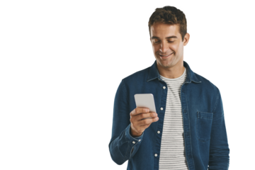 Social media, smile and man on phone in isolated background, png and transparent with technology. Person, typing and happiness with mobile on hand, relax and online with app for texting and email