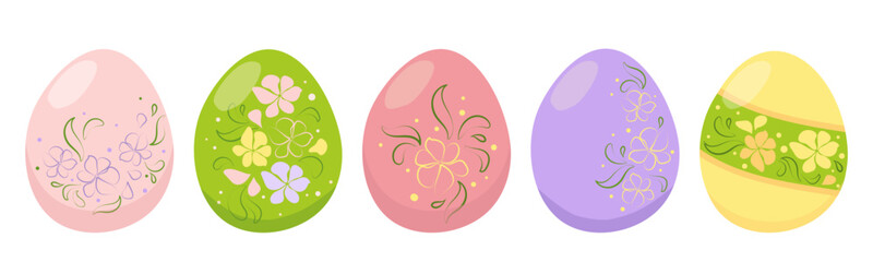 Set of multi-colored Easter eggs with laconic floral decoration. Festive set of isolated elements. Vector ornament for decor, print, design, cards, web, banners, bookmarks