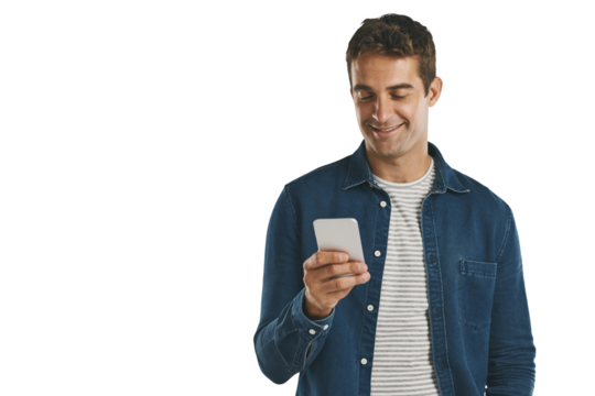 Social media, smile and man on phone in isolated background, png and transparent with technology. Person, typing and happiness with mobile on hand, relax and online with app for texting and email - Powered by Adobe