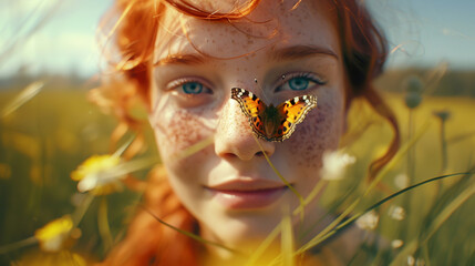 Butterfly on the nose. Spring happiness concept. 