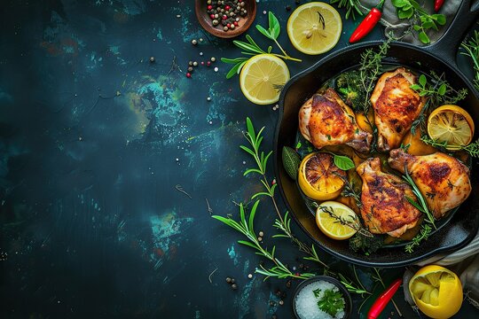 Oven Roasted Greek Chicken Quarters in a Cast Iron Skillet Pieces of chicken marinated in Greek yogurt lemons and herbs. Creative Banner. Copyspace image