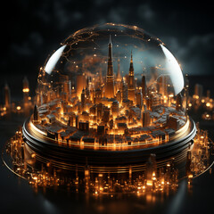 A modern world with skyscrapers encased in a glass ball