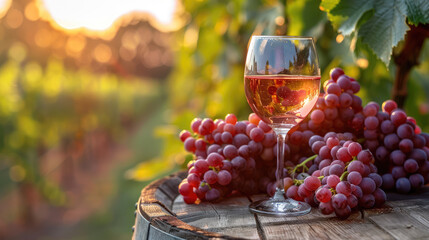 Glass of rose wine with clusters of red grapes on an old wooden barrel in a vineyard at sunset