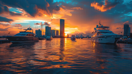 Luxury yachts moored in a harbor against a dramatic city skyline at sunset, with vivid clouds reflecting on the water's surface.