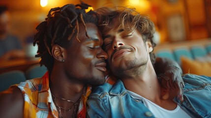 lgbt couple of men different nationalities hugging and kissing. Same-sex love