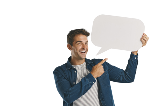 Portrait, pointing and man with blank speech bubble message isolated on transparent png background. Like, subscribe or review with social media comment, guy showing vote or notification on paper.