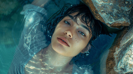 Young woman in natural spring. 