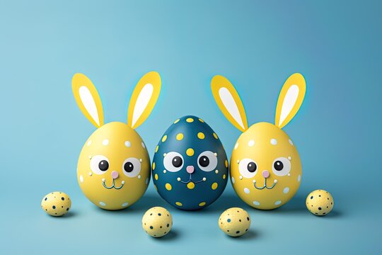 Easter eggs with bunny ears and face expression. Ai Generative