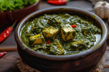 Palak paneer curry with rustic kitchen background