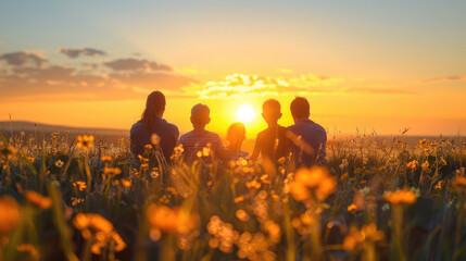 Silhouettes of a group of friends gather in a blooming field, enjoying a radiant sunset that bathes the landscape in golden light.

