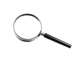 A black and silver magnifying glass lies on a white background.