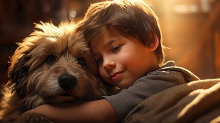 Friendship between sweet puppy ​​and child - portrait of cute and child with deep love  | Generative AI
