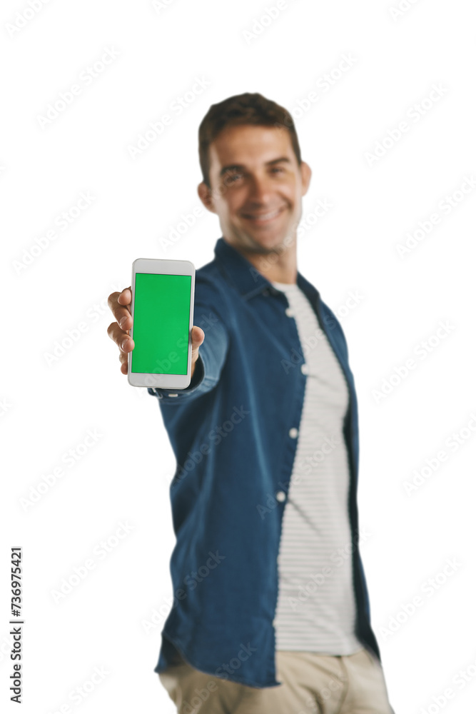 Sticker portrait, green screen and man show smartphone, hand and isolated on a transparent png background. p