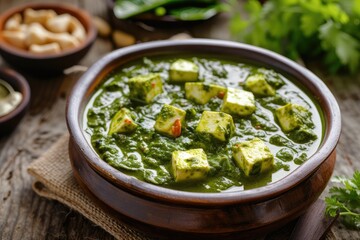 Palak paneer curry with rustic kitchen background