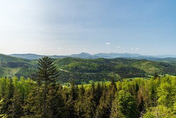 View from lookout tower on Talapkova hora hill above Vychylovka in Slovakia
