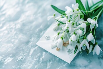 Delicate snowdrops on ice background with Martisor talisman